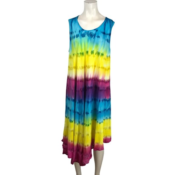 SAKKAS - WOMEN'S ONE SIZE - TIE DYE SLEEVELESS ROUND NECK RAYON BOHO DRESS - Picture 1 of 10
